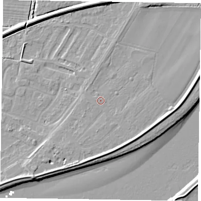 Shaded relief map of the ground around DN145LF, computed from Environment Agency LiDAR. The ground here sits at about 4 m above sea level and falls 8 m across the surrounding 800 m. Surface water reaching this point runs off ground lying to the east-south-east, 2.9 m higher.
