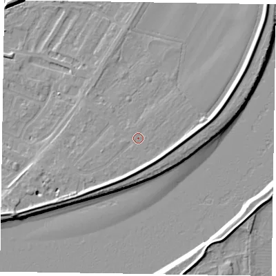 Shaded relief map of the ground around DN145LG, computed from Environment Agency LiDAR. The ground here sits at about 4 m above sea level and falls 7 m across the surrounding 800 m. Surface water reaching this point runs off ground lying to the east, 2.4 m higher.