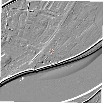 Shaded relief map of the ground around DN145LH, computed from Environment Agency LiDAR. The ground here sits at about 4 m above sea level and falls 7 m across the surrounding 800 m. Surface water reaching this point runs off ground lying to the south-east, 3.8 m higher.