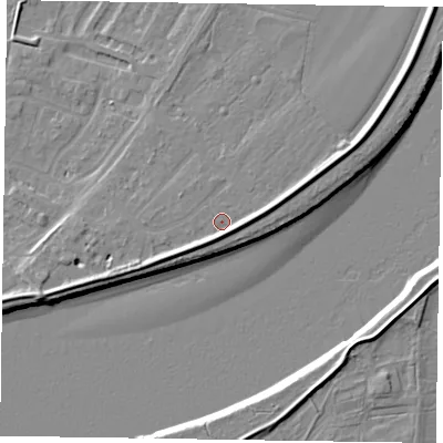 Shaded relief map of the ground around DN145LL, computed from Environment Agency LiDAR. The ground here sits at about 4 m above sea level and falls 7 m across the surrounding 800 m. Surface water reaching this point runs off ground lying to the south, 2.4 m higher.