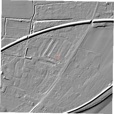 Shaded relief map of the ground around DN145LN, computed from Environment Agency LiDAR. The ground here sits at about 3 m above sea level and falls 9 m across the surrounding 800 m. Surface water reaching this point runs off ground lying to the east-north-east, 0.9 m higher.