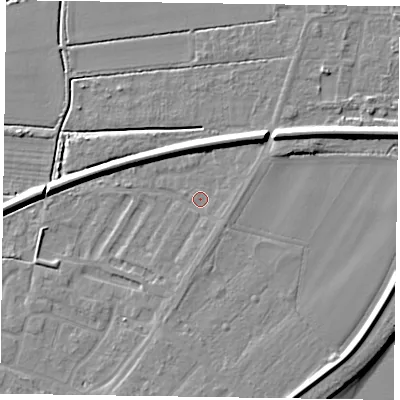 Shaded relief map of the ground around DN145LP, computed from Environment Agency LiDAR. The ground here sits at about 3 m above sea level and falls 9 m across the surrounding 800 m. Surface water reaching this point runs off ground lying to the south, 1.3 m higher.