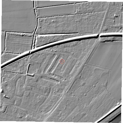 Shaded relief map of the ground around DN145LR, computed from Environment Agency LiDAR. The ground here sits at about 3 m above sea level and falls 9 m across the surrounding 800 m. Surface water reaching this point runs off ground lying to the north-east, 5.5 m higher.