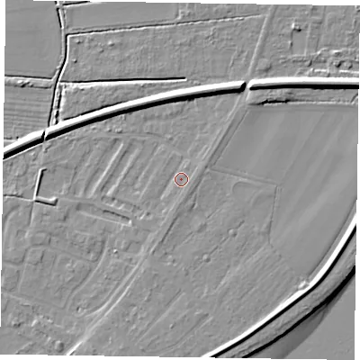 Shaded relief map of the ground around DN145LS, computed from Environment Agency LiDAR. The ground here sits at about 4 m above sea level and falls 9 m across the surrounding 800 m. Surface water reaching this point runs off ground lying to the south-south-east, 1.2 m higher.