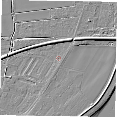 Shaded relief map of the ground around DN145LT, computed from Environment Agency LiDAR. The ground here sits at about 4 m above sea level and falls 10 m across the surrounding 800 m. Surface water reaching this point runs off ground lying to the south-east, 0.9 m higher.