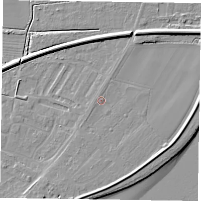 Shaded relief map of the ground around DN145LU, computed from Environment Agency LiDAR. The ground here sits at about 4 m above sea level and falls 9 m across the surrounding 800 m. Surface water reaching this point runs off ground lying to the west-north-west, 0.8 m higher.