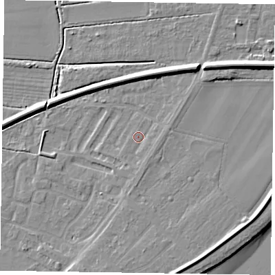 Shaded relief map of the ground around DN145LW, computed from Environment Agency LiDAR. The ground here sits at about 4 m above sea level and falls 9 m across the surrounding 800 m. Surface water reaching this point runs off ground lying to the south-east, 1.2 m higher.