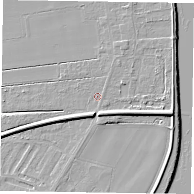Shaded relief map of the ground around DN145LY, computed from Environment Agency LiDAR. The ground here sits at about 4 m above sea level and falls 10 m across the surrounding 800 m. Surface water reaching this point runs off ground lying to the north-north-east, 0.8 m higher.