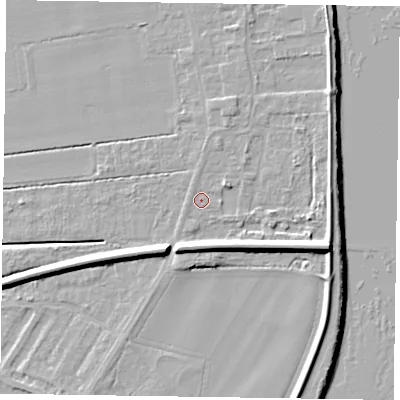 Shaded relief map of the ground around DN145LZ, computed from Environment Agency LiDAR. The ground here sits at about 4 m above sea level and falls 10 m across the surrounding 800 m. Surface water reaching this point runs off ground lying to the east-south-east, 6.2 m higher.