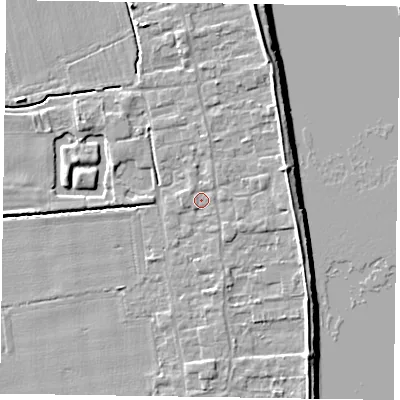 Shaded relief map of the ground around DN145NB, computed from Environment Agency LiDAR. The ground here sits at about 4 m above sea level and falls 7 m across the surrounding 800 m. Surface water reaching this point runs off ground lying to the east-north-east, 2.8 m higher.