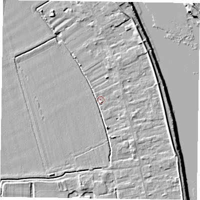 Shaded relief map of the ground around DN145NE, computed from Environment Agency LiDAR. The ground here sits at about 4 m above sea level and falls 6 m across the surrounding 800 m. Surface water reaching this point runs off ground lying to the east-north-east, 4.1 m higher.