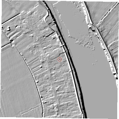 Shaded relief map of the ground around DN145NF, computed from Environment Agency LiDAR. The ground here sits at about 4 m above sea level and falls 6 m across the surrounding 800 m. Surface water reaching this point runs off ground lying to the east-north-east, 2.5 m higher.