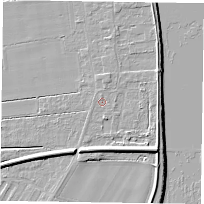 Shaded relief map of the ground around DN145NG, computed from Environment Agency LiDAR. The ground here sits at about 4 m above sea level and falls 10 m across the surrounding 800 m. Surface water reaching this point runs off ground lying to the north, 0.8 m higher.