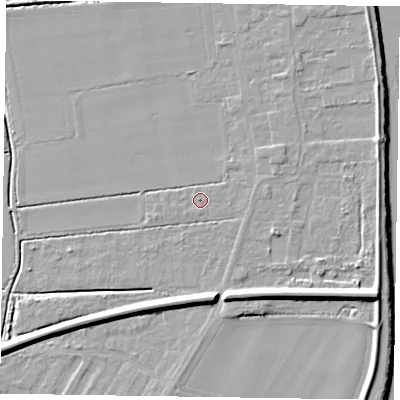 Shaded relief map of the ground around DN145NH, computed from Environment Agency LiDAR. The ground here sits at about 4 m above sea level and falls 10 m across the surrounding 800 m. Surface water reaching this point runs off ground lying to the east, 0.8 m higher.
