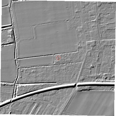 Shaded relief map of the ground around DN145NJ, computed from Environment Agency LiDAR. The ground here sits at about 4 m above sea level and falls 9 m across the surrounding 800 m. Surface water reaching this point runs off ground lying to the east-north-east, 1.6 m higher.