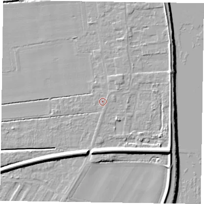 Shaded relief map of the ground around DN145NL, computed from Environment Agency LiDAR. The ground here sits at about 4 m above sea level and falls 10 m across the surrounding 800 m. Surface water reaching this point runs off ground lying to the east-north-east, 0.7 m higher.