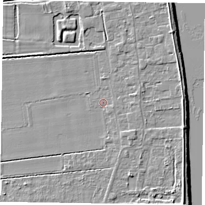Shaded relief map of the ground around DN145NP, computed from Environment Agency LiDAR. The ground here sits at about 4 m above sea level and falls 7 m across the surrounding 800 m. Surface water reaching this point runs off ground lying to the east-south-east, 1.2 m higher.