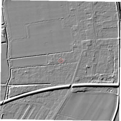 Shaded relief map of the ground around DN145NQ, computed from Environment Agency LiDAR. The ground here sits at about 4 m above sea level and falls 9 m across the surrounding 800 m. Surface water reaching this point runs off ground lying to the east-north-east, 1.3 m higher.