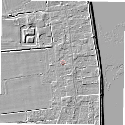 Shaded relief map of the ground around DN145NS, computed from Environment Agency LiDAR. The ground here sits at about 4 m above sea level and falls 7 m across the surrounding 800 m. Surface water reaching this point runs off ground lying to the north-east, 2.9 m higher.