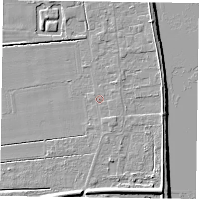 Shaded relief map of the ground around DN145NT, computed from Environment Agency LiDAR. The ground here sits at about 4 m above sea level and falls 10 m across the surrounding 800 m. Surface water reaching this point runs off ground lying to the east-north-east, 0.7 m higher.