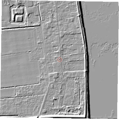 Shaded relief map of the ground around DN145NU, computed from Environment Agency LiDAR. The ground here sits at about 4 m above sea level and falls 10 m across the surrounding 800 m. Surface water reaching this point runs off ground lying to the south, 1.0 m higher.