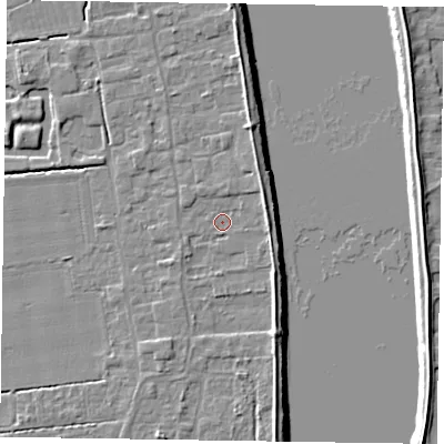 Shaded relief map of the ground around DN145NX, computed from Environment Agency LiDAR. The ground here sits at about 4 m above sea level and falls 7 m across the surrounding 800 m. Surface water reaching this point runs off ground lying to the east-north-east, 2.6 m higher.