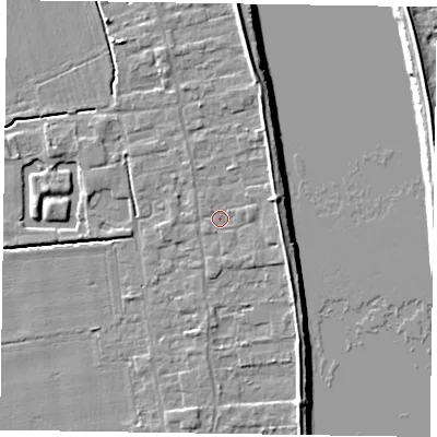 Shaded relief map of the ground around DN145NY, computed from Environment Agency LiDAR. The ground here sits at about 4 m above sea level and falls 7 m across the surrounding 800 m. Surface water reaching this point runs off ground lying to the east-north-east, 2.7 m higher.