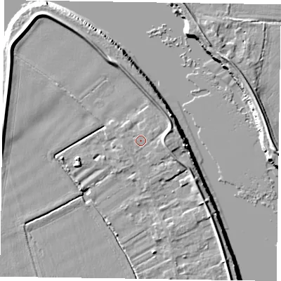 Shaded relief map of the ground around DN145NZ, computed from Environment Agency LiDAR. The ground here sits at about 5 m above sea level and falls 6 m across the surrounding 800 m. Surface water reaching this point runs off ground lying to the east-north-east, 2.3 m higher.