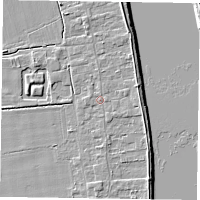 Shaded relief map of the ground around DN145PA, computed from Environment Agency LiDAR. The ground here sits at about 4 m above sea level and falls 7 m across the surrounding 800 m. Surface water reaching this point runs off ground lying to the east-north-east, 2.7 m higher.