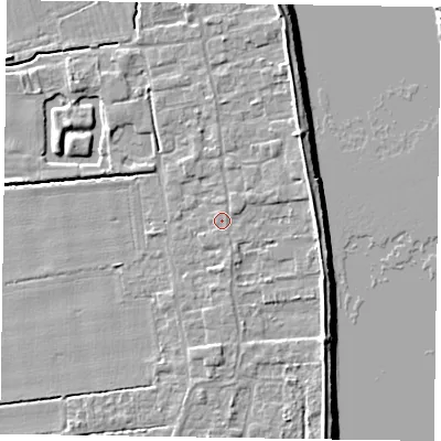 Shaded relief map of the ground around DN145PB, computed from Environment Agency LiDAR. The ground here sits at about 4 m above sea level and falls 7 m across the surrounding 800 m. Surface water reaching this point runs off ground lying to the north-east, 1.1 m higher.