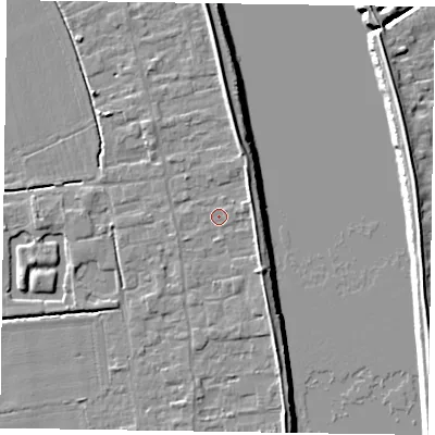 Shaded relief map of the ground around DN145PD, computed from Environment Agency LiDAR. The ground here sits at about 4 m above sea level and falls 7 m across the surrounding 800 m. Surface water reaching this point runs off ground lying to the south-west, 0.7 m higher.