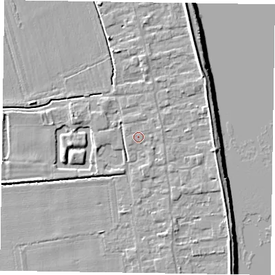 Shaded relief map of the ground around DN145PE, computed from Environment Agency LiDAR. The ground here sits at about 4 m above sea level and falls 7 m across the surrounding 800 m. Surface water reaching this point runs off ground lying to the east-north-east, 0.8 m higher.
