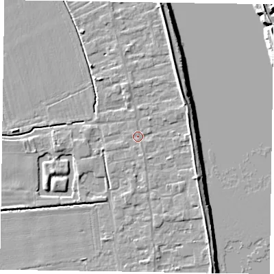 Shaded relief map of the ground around DN145PF, computed from Environment Agency LiDAR. The ground here sits at about 4 m above sea level and falls 7 m across the surrounding 800 m. Surface water reaching this point runs off ground lying to the east-north-east, 2.4 m higher.