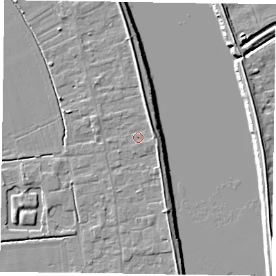 Shaded relief map of the ground around DN145PG, computed from Environment Agency LiDAR. The ground here sits at about 4 m above sea level and falls 7 m across the surrounding 800 m. Surface water reaching this point runs off ground lying to the north-east, 2.6 m higher.