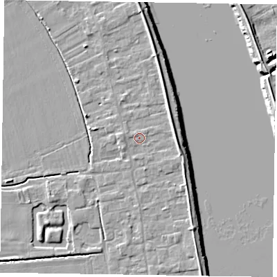 Shaded relief map of the ground around DN145PH, computed from Environment Agency LiDAR. The ground here sits at about 4 m above sea level and falls 6 m across the surrounding 800 m. Surface water reaching this point runs off ground lying to the east, 2.6 m higher.