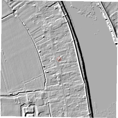 Shaded relief map of the ground around DN145PJ, computed from Environment Agency LiDAR. The ground here sits at about 5 m above sea level and falls 6 m across the surrounding 800 m. Surface water reaching this point runs off ground lying to the east-south-east, 2.9 m higher.