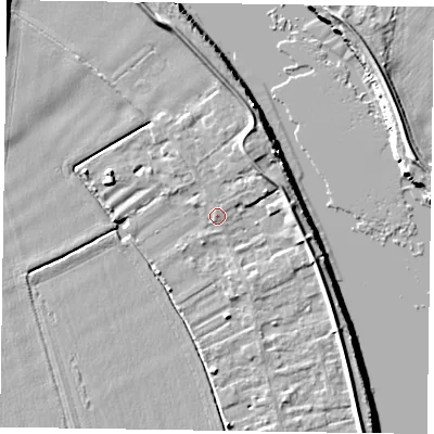 Shaded relief map of the ground around DN145PL, computed from Environment Agency LiDAR. The ground here sits at about 5 m above sea level and falls 6 m across the surrounding 800 m. Surface water reaching this point runs off ground lying to the north-east, 2.6 m higher.