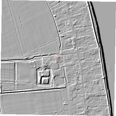 Shaded relief map of the ground around DN145PN, computed from Environment Agency LiDAR. The ground here sits at about 4 m above sea level and falls 7 m across the surrounding 800 m. Surface water reaching this point runs off ground lying to the east-north-east, 3.6 m higher.