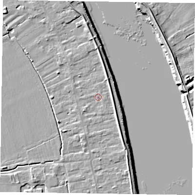 Shaded relief map of the ground around DN145PP, computed from Environment Agency LiDAR. The ground here sits at about 4 m above sea level and falls 6 m across the surrounding 800 m. Surface water reaching this point runs off ground lying to the north-north-east, 0.6 m higher.