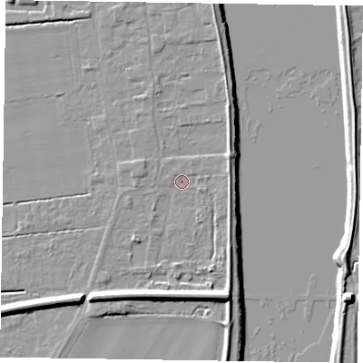 Shaded relief map of the ground around DN145PR, computed from Environment Agency LiDAR. The ground here sits at about 4 m above sea level and falls 10 m across the surrounding 800 m. Surface water reaching this point runs off ground lying to the east-north-east, 3.1 m higher.