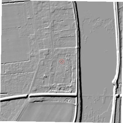 Shaded relief map of the ground around DN145PS, computed from Environment Agency LiDAR. The ground here sits at about 4 m above sea level and falls 10 m across the surrounding 800 m. Surface water reaching this point runs off ground lying to the north-east, 3.1 m higher.