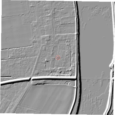 Shaded relief map of the ground around DN145PT, computed from Environment Agency LiDAR. The ground here sits at about 4 m above sea level and falls 10 m across the surrounding 800 m. Surface water reaching this point runs off ground lying to the south-east, 6.1 m higher.