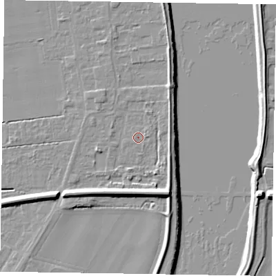Shaded relief map of the ground around DN145PU, computed from Environment Agency LiDAR. The ground here sits at about 4 m above sea level and falls 10 m across the surrounding 800 m. Surface water reaching this point runs off ground lying to the east, 0.8 m higher.