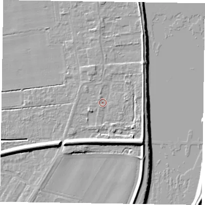Shaded relief map of the ground around DN145PX, computed from Environment Agency LiDAR. The ground here sits at about 4 m above sea level and falls 10 m across the surrounding 800 m. Surface water reaching this point runs off ground lying to the north-east, 2.1 m higher.