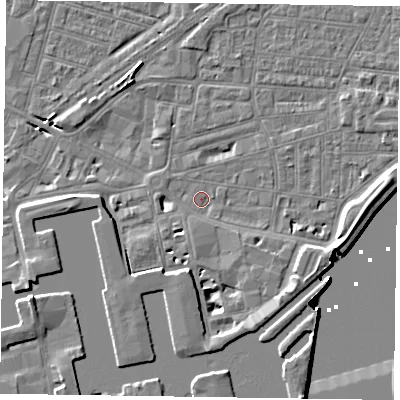 Shaded relief map of the ground around DN145PY, computed from Environment Agency LiDAR. The ground here sits at about 3 m above sea level and falls 8 m across the surrounding 800 m. Surface water reaching this point runs off ground lying to the south, 4.5 m higher.