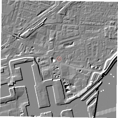 Shaded relief map of the ground around DN145PZ, computed from Environment Agency LiDAR. The ground here sits at about 3 m above sea level and falls 8 m across the surrounding 800 m. Surface water reaching this point runs off ground lying to the south, 4.8 m higher.