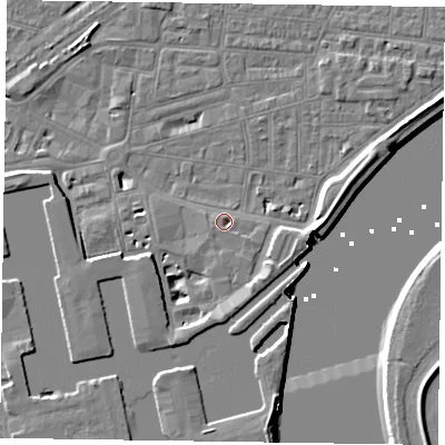 Shaded relief map of the ground around DN145QB, computed from Environment Agency LiDAR. The ground here sits at about 4 m above sea level and falls 7 m across the surrounding 800 m. Surface water reaching this point runs off ground lying to the south-south-west, 1.6 m higher.