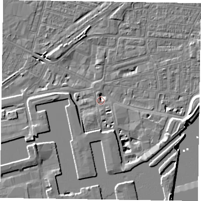 Shaded relief map of the ground around DN145QD, computed from Environment Agency LiDAR. The ground here sits at about 3 m above sea level and falls 8 m across the surrounding 800 m. Surface water reaching this point runs off ground lying to the south-south-east, 4.8 m higher.