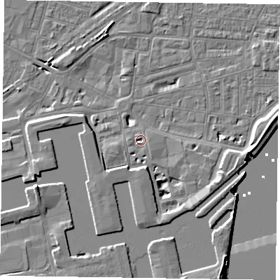 Shaded relief map of the ground around DN145QE, computed from Environment Agency LiDAR. The ground here sits at about 3 m above sea level and falls 8 m across the surrounding 800 m. Surface water reaching this point runs off ground lying to the south, 3.8 m higher.