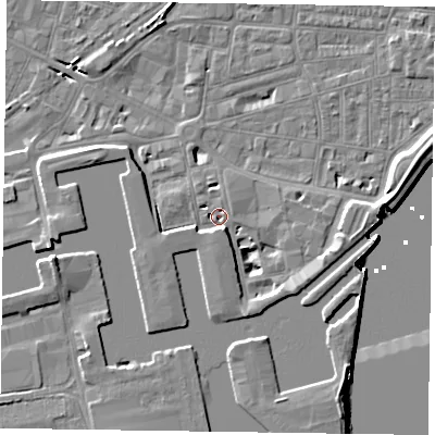 Shaded relief map of the ground around DN145QL, computed from Environment Agency LiDAR. The ground here sits at about 4 m above sea level and falls 8 m across the surrounding 800 m. Surface water reaching this point runs off ground lying to the south-south-east, 3.8 m higher.
